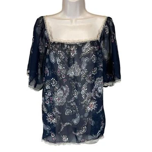 Y2k sheer babydoll shirt blouse womens medium paisley lace trim boho fairy - Picture 1 of 8