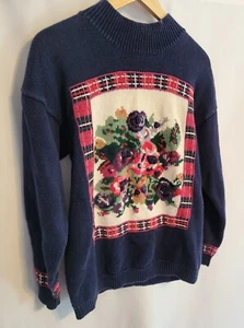  Vintage Handknit Women's Floral/Plaid Wearable Art Knit Sweater M Very Unique! - Picture 1 of 10