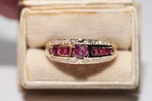 Vintage Circa 1980s 14k Gold Natural Diamond And Ruby Decorated Band Ring - Picture 1 of 16