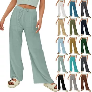 Pantalone donna cotone lino estivo gamba larga casual ampio coulisse vita alta - Foto 1 di 66