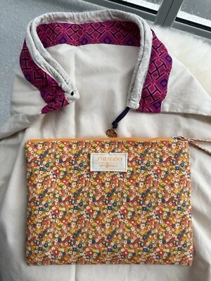Shiseido Tory Burch Floral Canvas Orange Zipper Make Up Cosmetic Wrist Bag  - Image 1 of 4