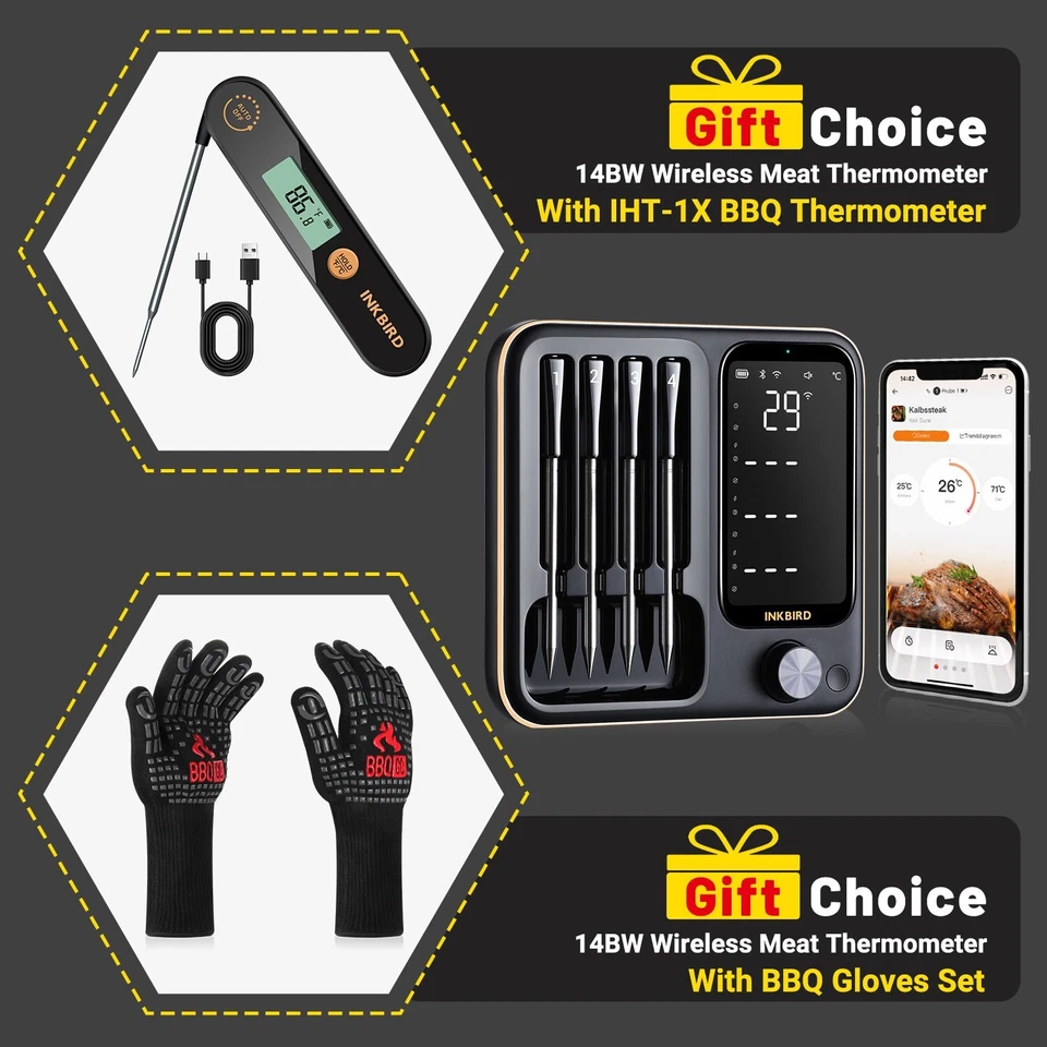 Inkbird Truly Wireless Cooking Meat Thermometer BBQ Gloves Grilling Smoking Oven - Image 1 of 4