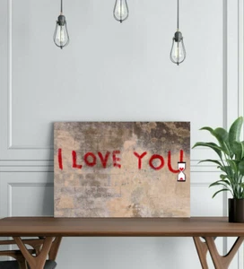 BANKSY I LOVE YOU TIMER - DEEP FRAMED CANVAS WALL ART PRINT- RED CREAM - Picture 1 of 3