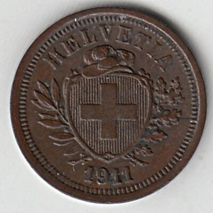 SWITZERLAND 1 RAPPEN 1911 B  SCARCE HIGH GRADE KM# 3 - Picture 1 of 5