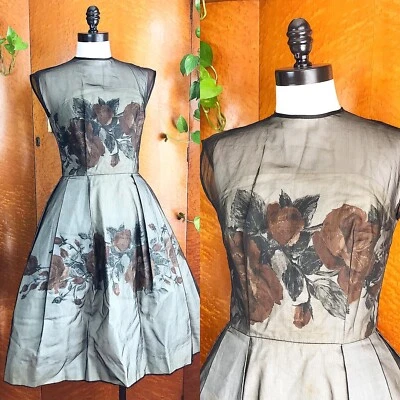 ORANGE ROSES 1950’s 50s Vintage Rose Print Black Organza Party Cocktail Dress S - Image 1 of 4