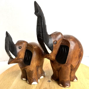 Elephant Pair Wood Hand Carved Art from Poland Mom with Calf Home Decor - Picture 1 of 11