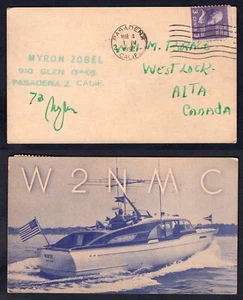 USA Pasadena Ca 1952 QSL Radio Postcard to Canada. W2NMC. Speedboat - Picture 1 of 3