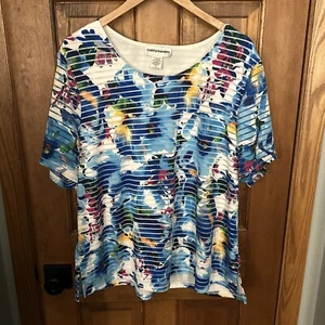 Cathy Daniels 1X Damen Shirt Streifen Floral Art to Wear U-Ausschnitt Kurzarm - Bild 1 von 5