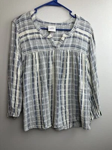 Knox Rose Boho Blouse Women Large Cream Blue Stripe - Picture 1 of 12