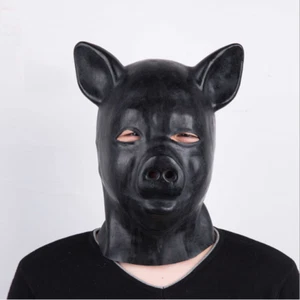 Unisex Latex Pig Hood with Eyes open Zipper Closure Hood Black - Picture 1 of 6