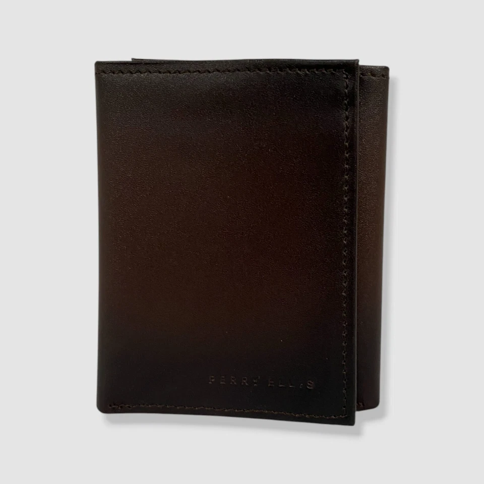 Perry Ellis Brown Trifold Men Leather Wallet Billfold 6 Credit Cards D05