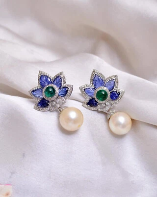 Pretty Leaf Design Amethyst, Green Emerald, Lab-Created Diamonds & Pearl Earring - Image 1 of 4