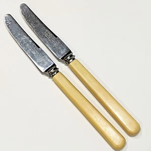 Vintage HIRAM WILD- 2 x Faux Bone Handle Serrated DINNER KNIVES 21.5cm "Coronet" - Picture 1 of 4