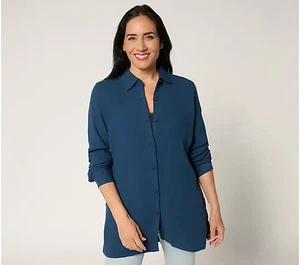 Camisa grande Belle by Kim Gravel Riviera de lino con botones-índigo-XL A691840 NUEVA - Imagen 1 de 1