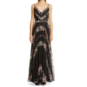 Vestido Marchesa Notte Negro Floral Plisado Talla 10 NUEVO $795 sin cinturón - Imagen 1 de 6