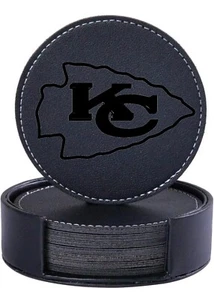 CUSTOM KC CHIEFS ENGRAVED BLACK LEATHER COASTERS WITH LEATHER HOLDER *SET OF 6* - Picture 1 of 2