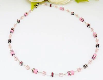 Halskette Würfel Hämatit Quadrat Glas Cube Rosa Strass Kristall Silber 519h - Bild 1 von 4