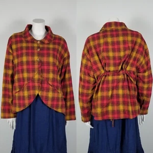 Krista Larson Red Gold Plaid Rustic Lagenlook Dragonfly Cocoon Shirt Jacket OSFM - Picture 1 of 14
