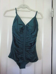 NWT DKNY Realm Green 1 Piece Ruched "V" Neck Swim Suit/ Spag.Straps Sz 12 $108 - Picture 1 of 12