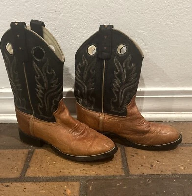 Old West Cowboy Boots, Tan/ Brown Corona Leather, Size 4.5 Y - Image 1 of 4