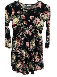 Arshiner Girls Floral Print Long Sleeve Dress Black With Multicolor Flowers - Picture 1 of 10