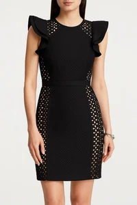 BCBGMAXAZRIA Desirae Black Eyelet Lace Ruffle Sleeve Cocktail Dress Size 2 NWT - Picture 1 of 11
