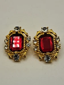 VINTAGE STYLISH LARGE FAUX RUBY And Rhinestone Gold Tone Pierced EARRINGS 1.5" - Picture 1 of 4