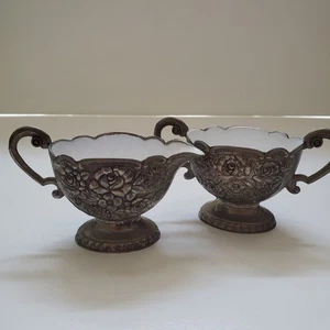 Antique Silver Plated Sugar and Creamer Set -Porcelain Lined, Floral Design - Picture 1 of 8