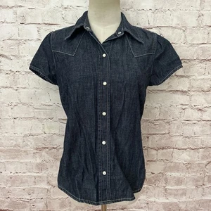 Vintage Gap Denim Shirt Women S Western Cowgirl Y2K Pearl Snap Puff Chambray - Picture 1 of 3
