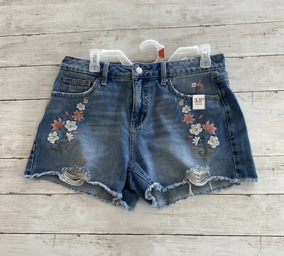 Pantalones cortos de mezclilla Time and Tru para mujer tiro alto dobladillo deshilachado ribete floral talla 8 nuevos con etiquetas Foto 1 de 4