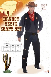 Cowboy Costume Black Chaps Vest Wild West Western Gunslinger Buffalo Bill - Picture 1 of 2
