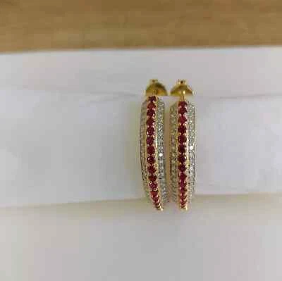 2Ct Round Lab-Created Ruby Diamond Huggies Hoop Earrings 14K Yellow Gold Plated - Image 1 of 4