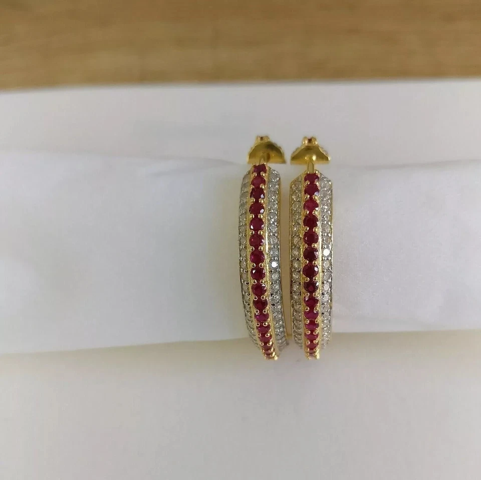 2Ct Round Lab-Created Ruby Diamond Huggies Hoop Earrings 14K Yellow Gold Plated - Image 1 of 4