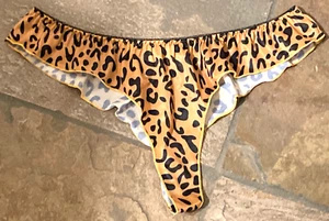 1222 Shniny Lrg LEOPARD Print Ruffled Flutter Edge SATIN Tanga Panty NWOT #277 - Picture 1 of 4