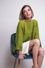 Vintage 90s silk green crinkle cut bell sleeve draped tunic blouse top