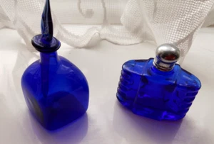 Set Of 2 Antique Cobalt Bristol Blue Perfume Apothecary Miniature Glass Bottles - Picture 1 of 3