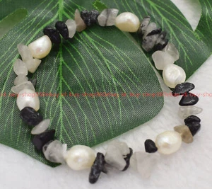 Natural Beauty Black Rutilate Quartz Beads White Baroque Pearl Bracelet - Picture 1 of 12