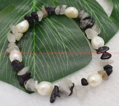 Natural Beauty Black Rutilate Quartz Beads White Baroque Pearl Bracelet - Image 1 of 4