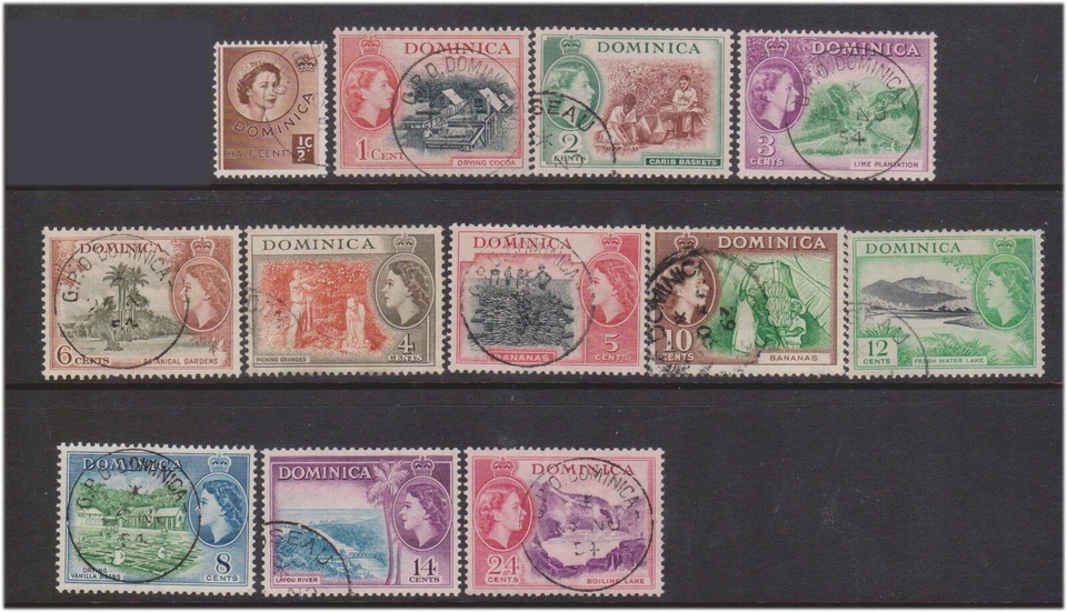(F142-18) 1954 Dominica part set of 12stamps QEII 1/2c to 24c (R)  (v)  - Image 1 of 1
