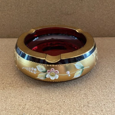 Bohemian Ruby Red Glass Ashtray Enameled Floweral Design With Gold Trim - Image 1 of 4