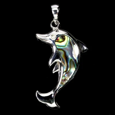 925 Sterling Silver Pendant Oval Mother Of Pearl 19x7mm Dolphin Gemstone Jewelry - Image 1 of 4