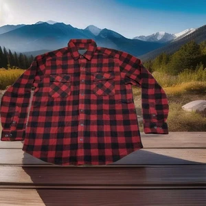 ✅VTG Mountain Club Buffalo Check Plaid Fleece Button Up Shirt Mens LARGE Red/BLK - Picture 1 of 10
