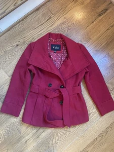Guess Jacket Coat Womens Small Belted Double Breasted Peacoat Red Funnel Collar - Picture 1 of 7