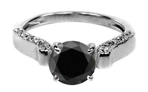 925 Silver & Round Cut 2.40 Carat 100% Natural Jet Black Diamond Solitaire Ring