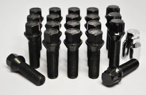 20 x M12 x 1.5, 30mm Thread, Tapered Wheel Bolts And Lockers (Black) - Picture 1 of 4