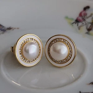 Natural Pearl 0.6in Stud Earrings Halo14k Yellow Gold Over Silver Big Pushback - Picture 1 of 4