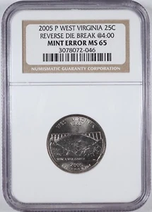 2005 P West Virginia Reverse Die Break @4:00 25c Cud Mint Error NGC MS65 - Picture 1 of 2