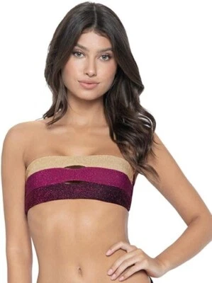 Top de bikini sin tirantes multicolor a rayas brillantes rosa talla S PILYQ para mujer Foto 1 de 4