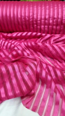 Fuchsia Pink Lace Fabric By The Yard Striped Ribbon Embroidery On Mesh  - Image 1 of 4