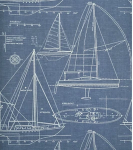 Dark navy blue nautical blueprint sailing boat coastal Marine drawings wallpaper - Picture 1 of 13